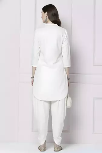 White embroidered rayon kurta with dhoti pant