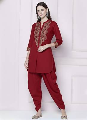 Red plain rayon kurta with dhoti pant 1