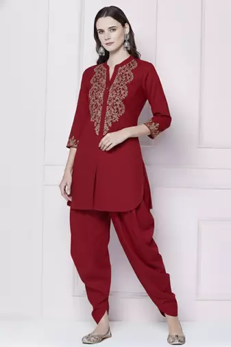 Red plain rayon kurta with dhoti pant