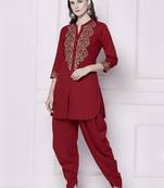 Red plain rayon kurta with dhoti pant