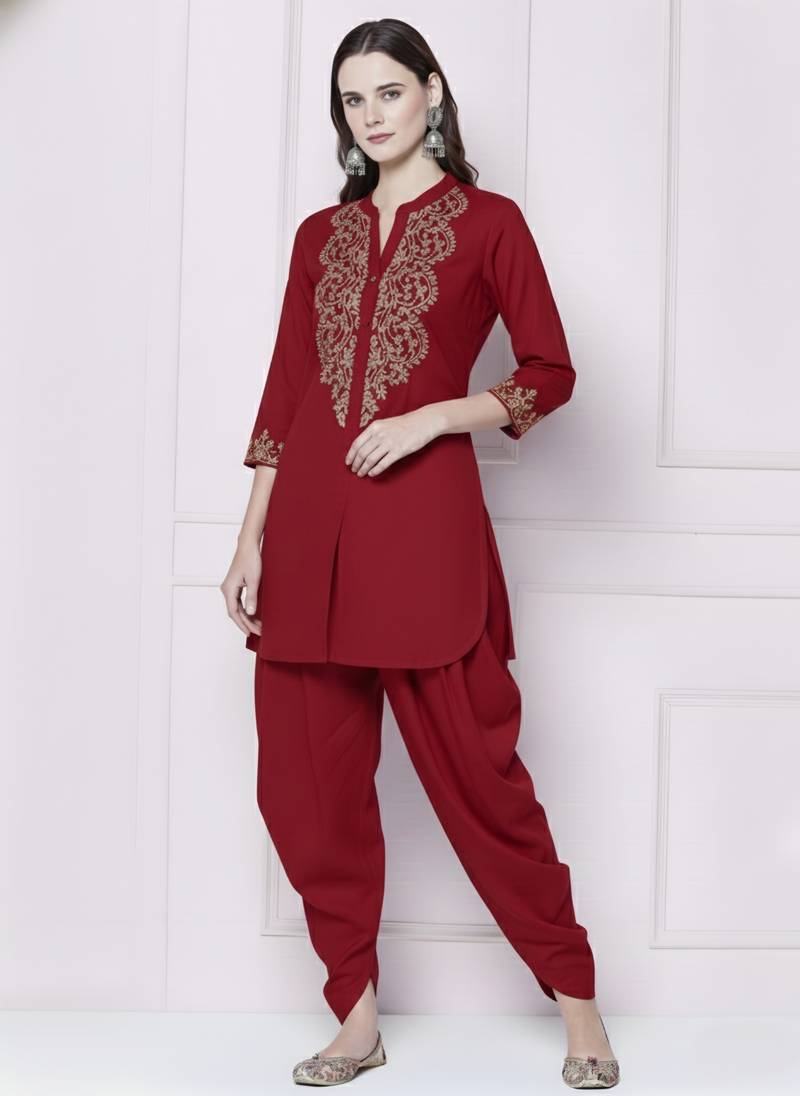 Red plain rayon kurta with dhoti pant