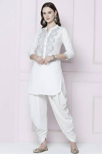 White embroidered rayon kurta with dhoti pant