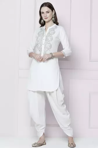 White embroidered rayon kurta with dhoti pant