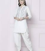 White embroidered rayon kurta with dhoti pant