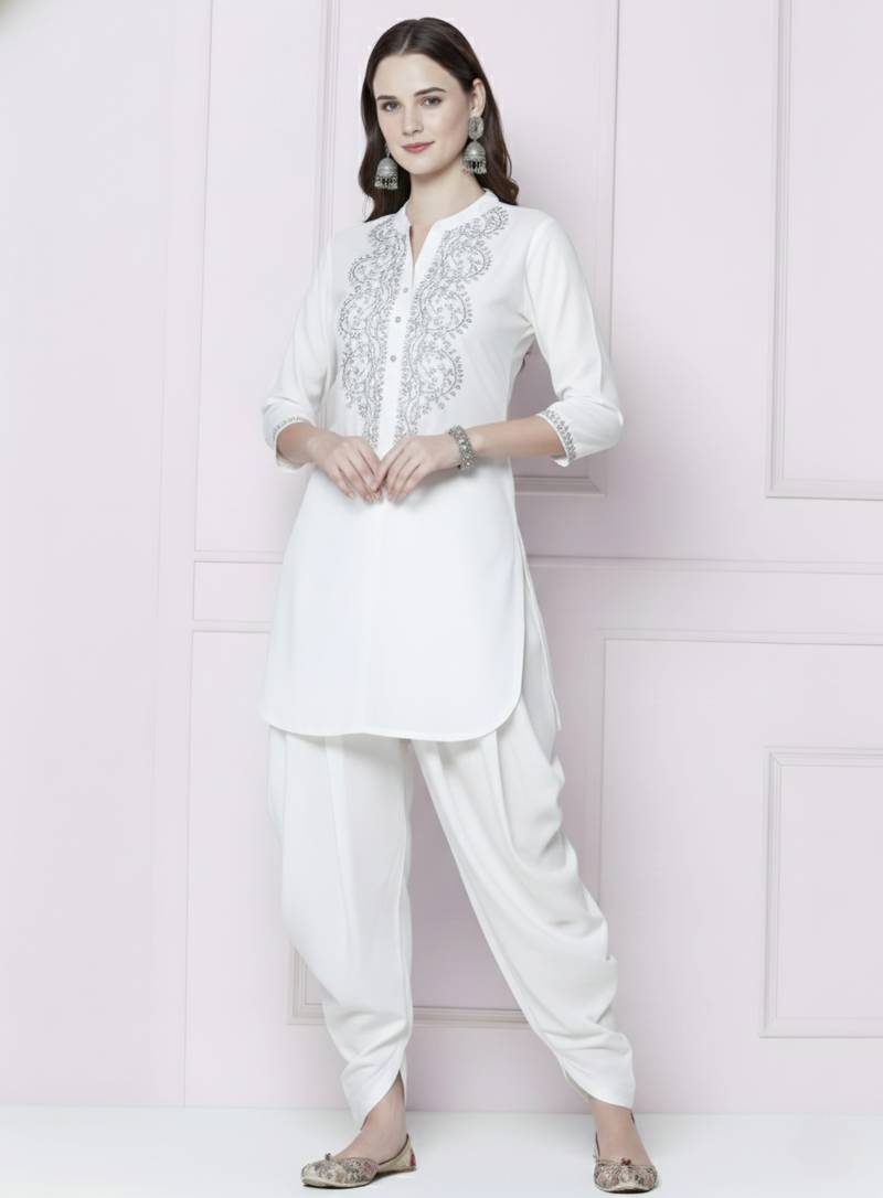 White embroidered rayon kurta with dhoti pant