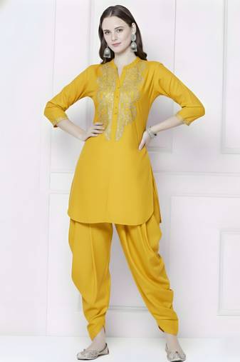 Yellow embroidered rayon kurta with dhoti pant