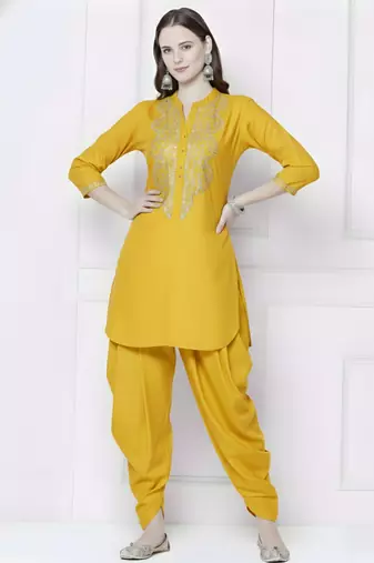 Yellow embroidered rayon kurta with dhoti pant