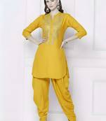Yellow embroidered rayon kurta with dhoti pant