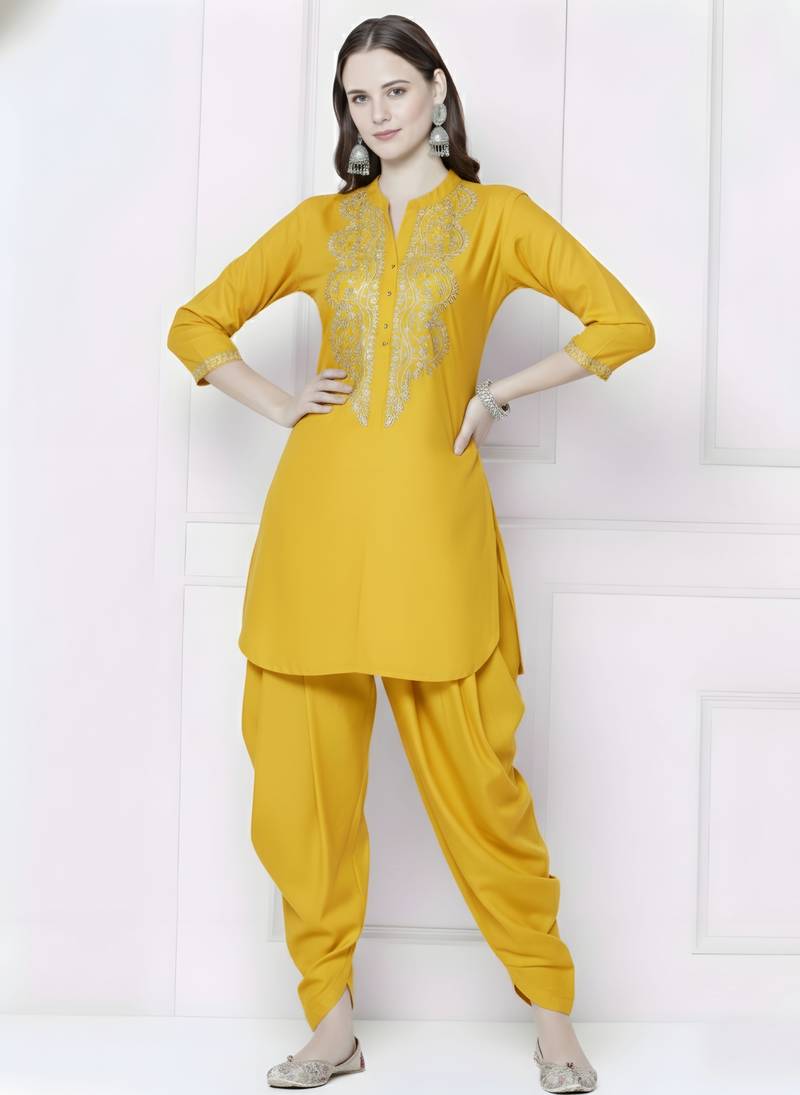Yellow embroidered rayon kurta with dhoti pant