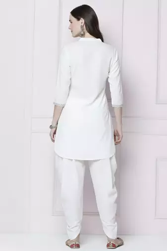White embroidered rayon kurta with dhoti pant