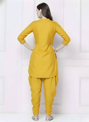 Yellow embroidered rayon kurta with dhoti pant 2