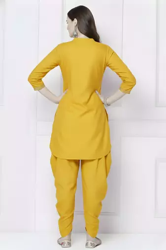 Yellow embroidered rayon kurta with dhoti pant
