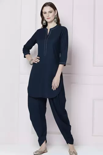 Navy embroidered rayon kurta with dhoti pant