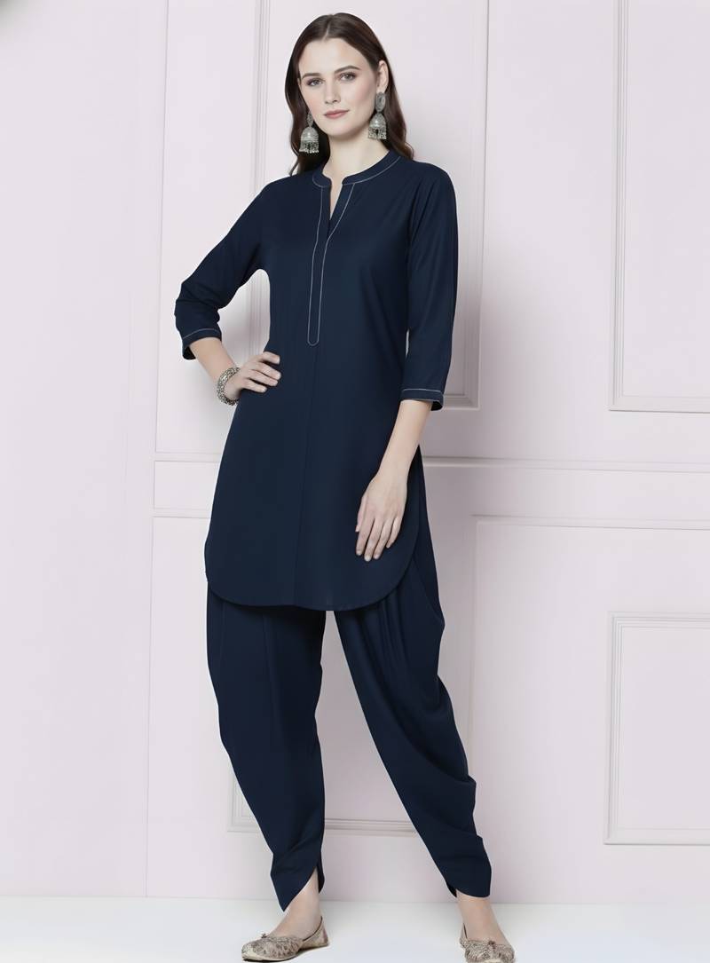 Navy embroidered rayon kurta with dhoti pant