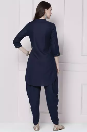 Navy embroidered rayon kurta with dhoti pant