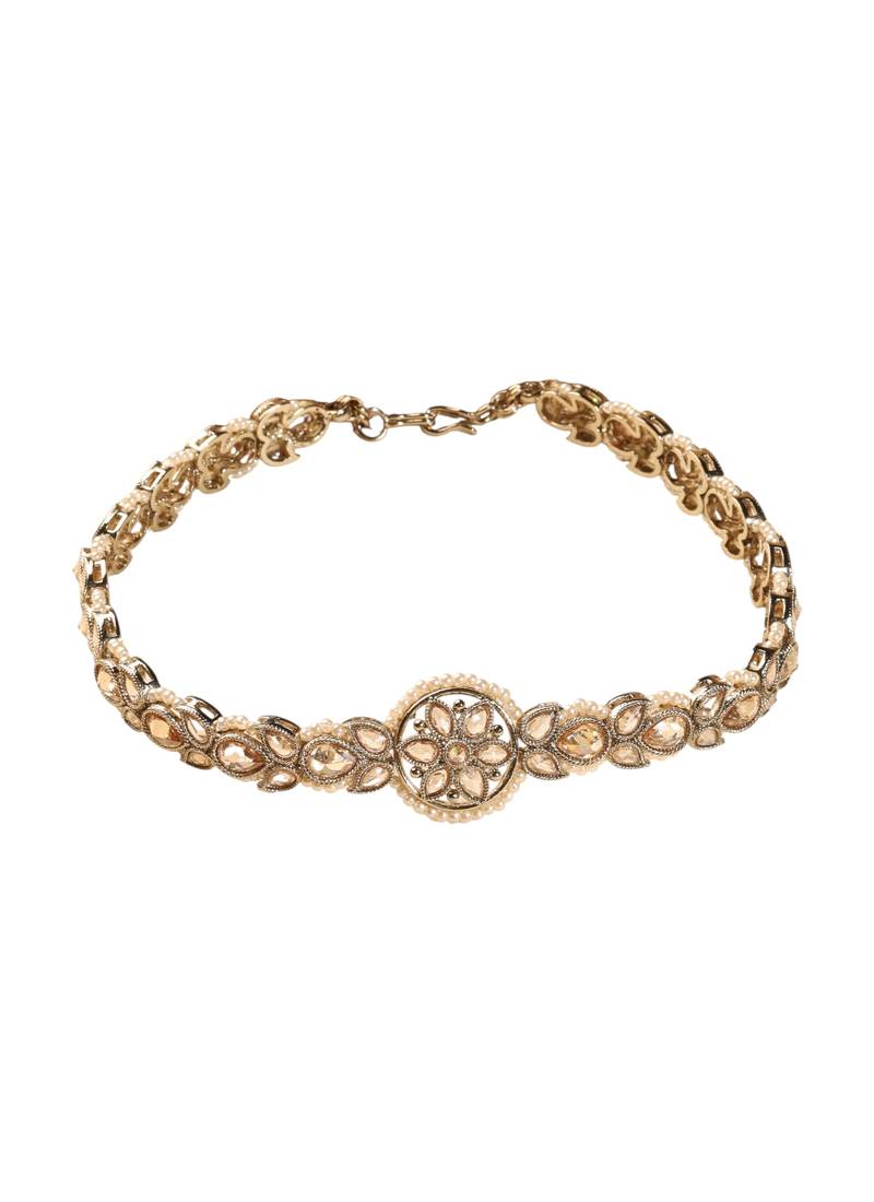 Flower design and pearl brown kundan stone antique gold plated mathapatti(sheeshphool) for women