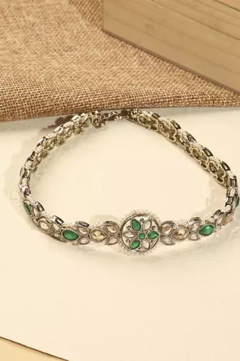 Flower design and pearl green kundan stone antique gold plated mathapatti(sheeshphool) for women