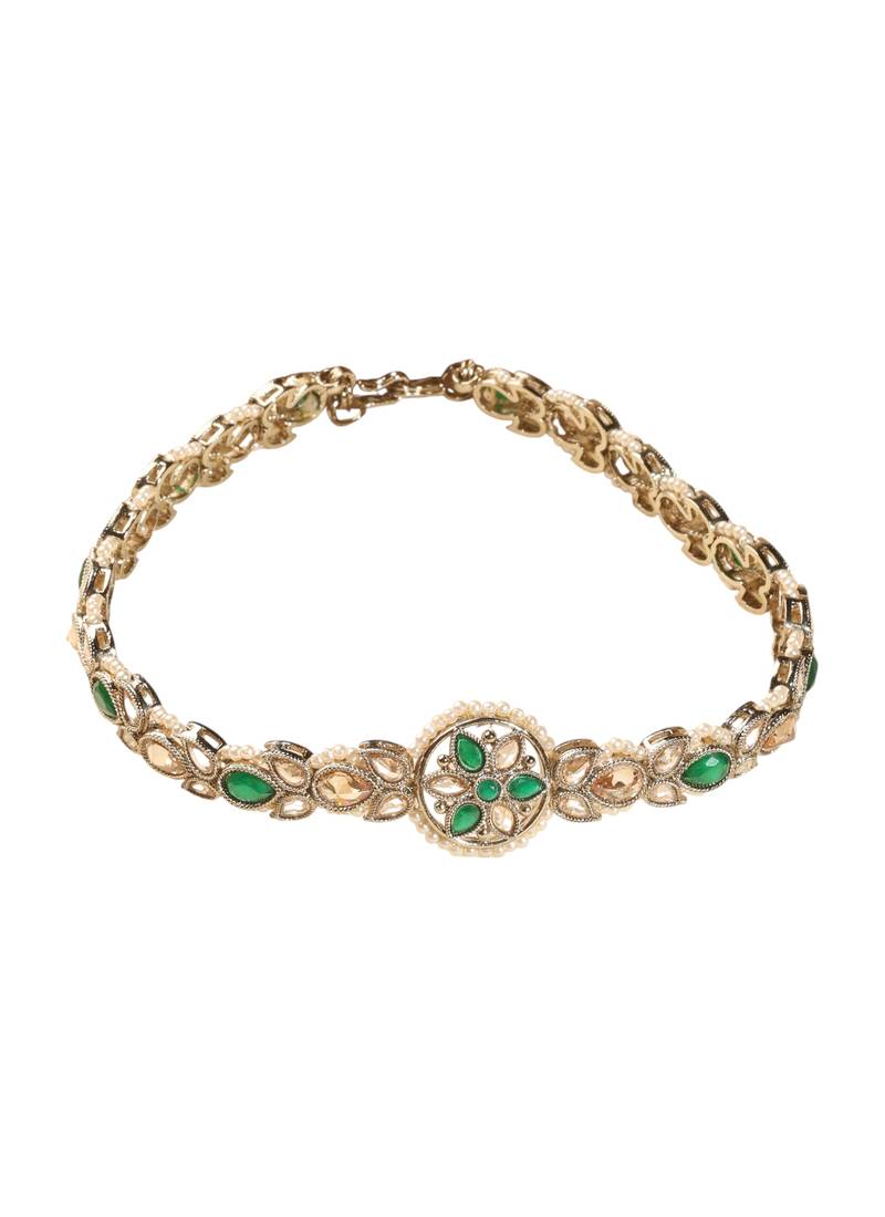 Flower design and pearl green kundan stone antique gold plated mathapatti(sheeshphool) for women