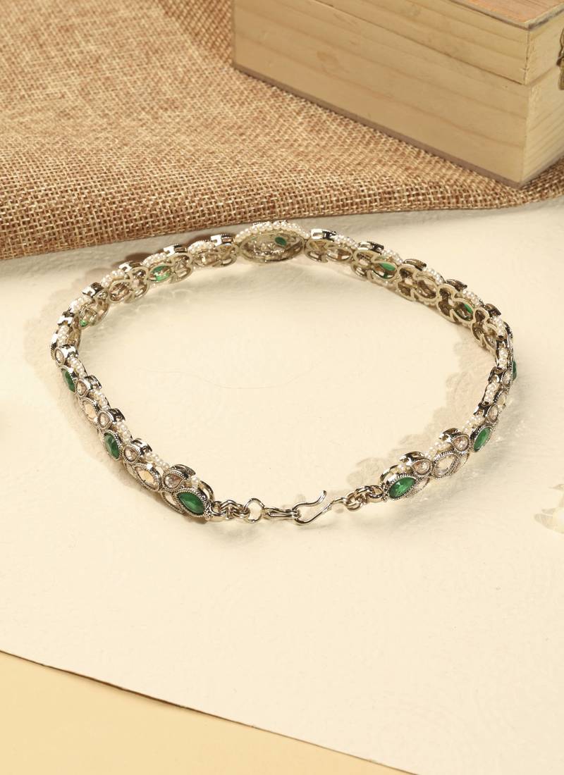 Flower design and pearl green kundan stone antique gold plated mathapatti(sheeshphool) for women