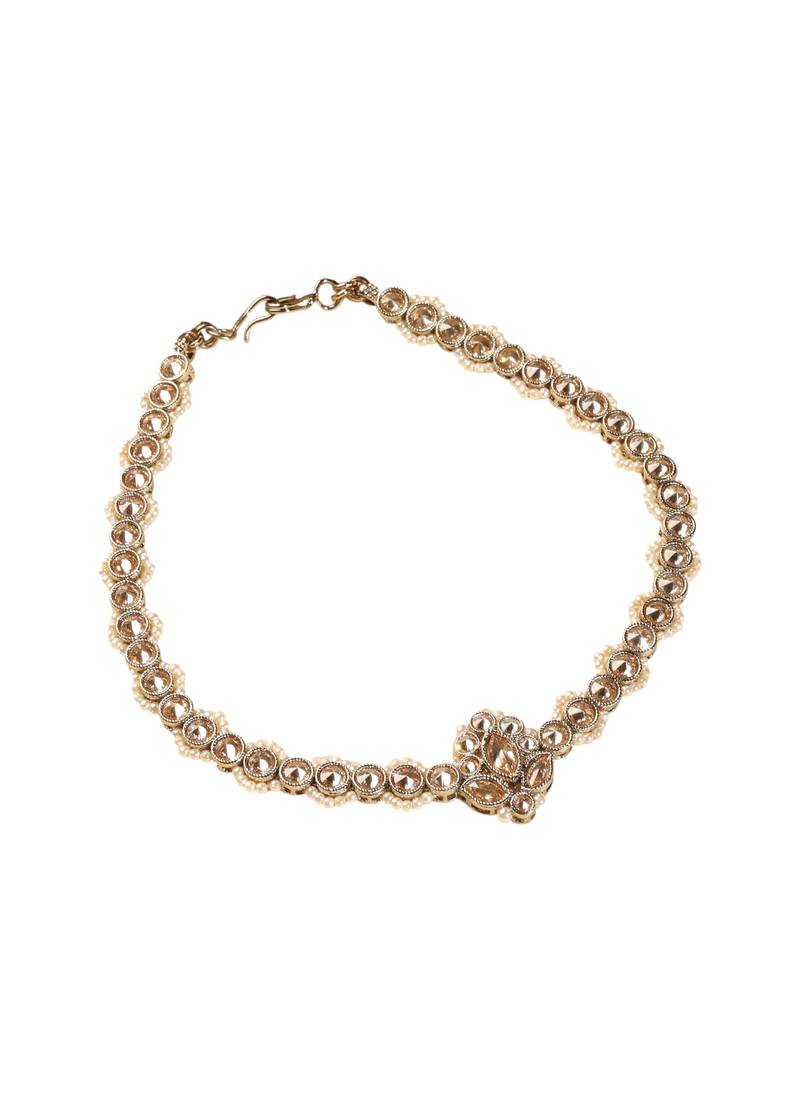 Flower design and pearl brown kundan stone antique gold plated mathapatti(sheeshphool) for women