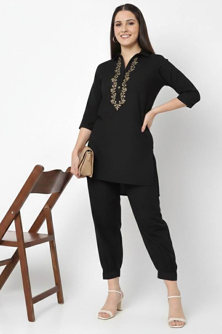 Black embroidered rayon kurta set