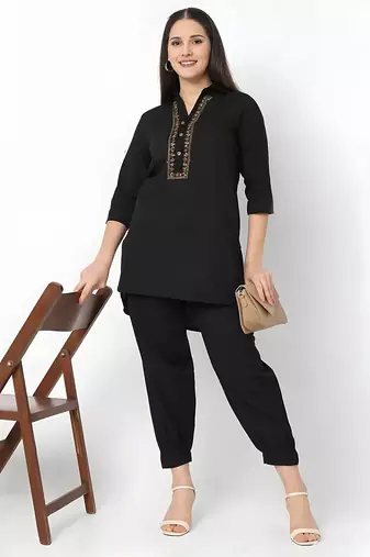Black embroidered rayon kurta set
