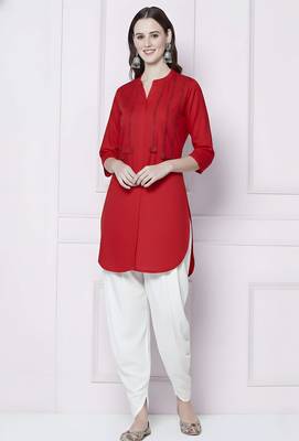 Red embroidered rayon kurta with dhoti pant 2