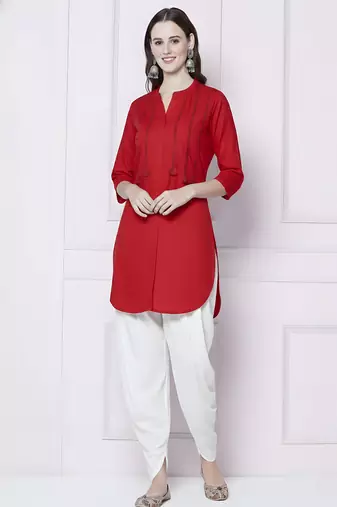 Red embroidered rayon kurta with dhoti pant