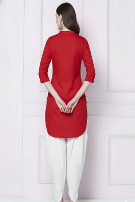 Red embroidered rayon kurta with dhoti pant 3