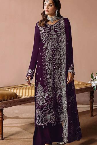 Purple embroidered velvet pakistani salwar suit