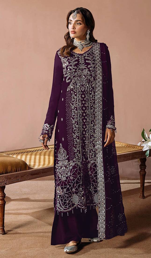 Purple embroidered velvet pakistani salwar suit