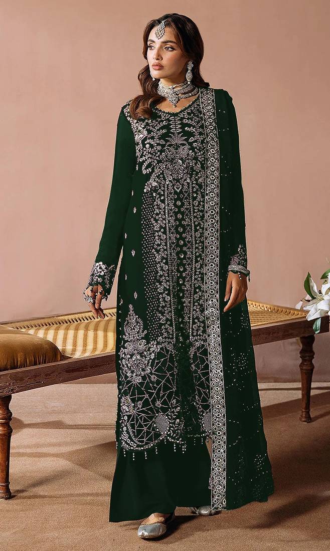 Green embroidered velvet pakistani salwar suit