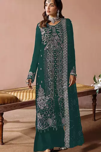 Teal embroidered velvet pakistani salwar suit