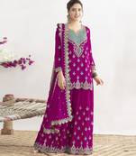 Pink embroidered chinon palazzo style salwar suit