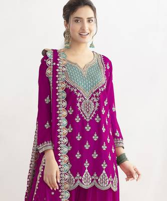 Pink embroidered chinon palazzo style salwar suit 2