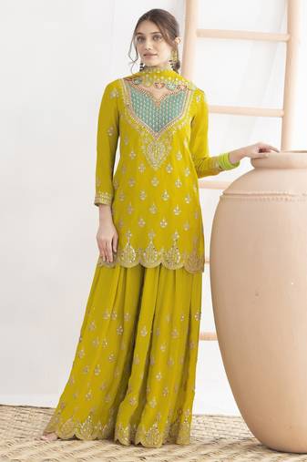 Yellow embroidered chinon palazzo style salwar suit