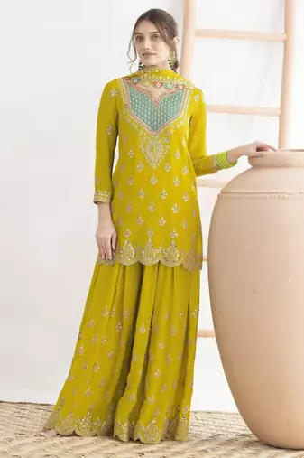 Yellow embroidered chinon palazzo style salwar suit