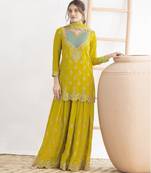 Yellow embroidered chinon palazzo style salwar suit