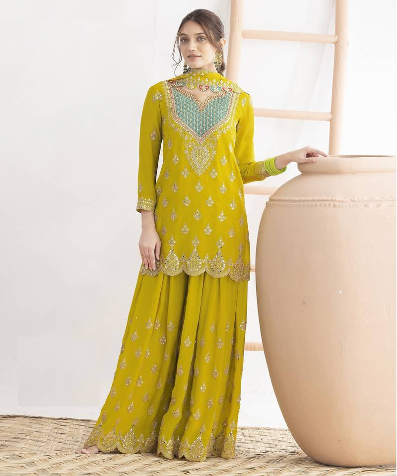 Yellow embroidered chinon palazzo style salwar suit