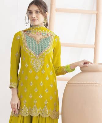 Yellow embroidered chinon palazzo style salwar suit 2