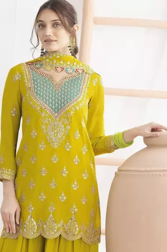Yellow embroidered chinon palazzo style salwar suit