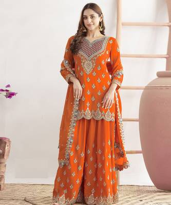 Orange embroidered chinon palazzo style salwar suit 1