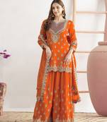 Orange embroidered chinon palazzo style salwar suit