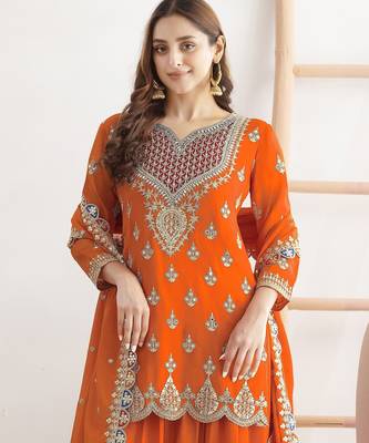 Orange embroidered chinon palazzo style salwar suit 2
