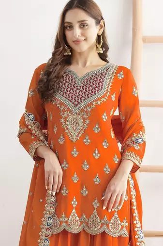 Orange embroidered chinon palazzo style salwar suit