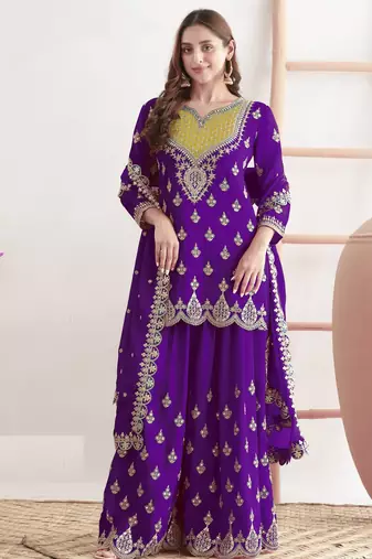 Purple embroidered chinon palazzo style salwar suit