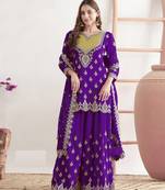 Purple embroidered chinon palazzo style salwar suit