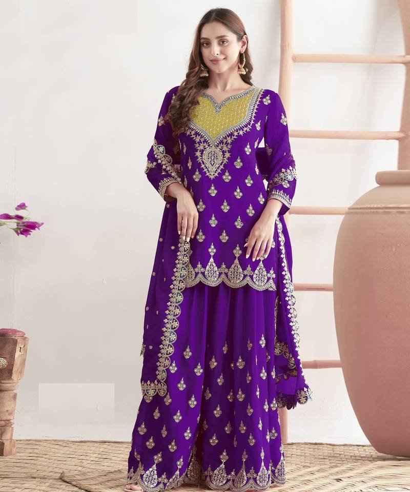 Purple embroidered chinon palazzo style salwar suit