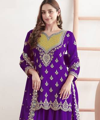 Purple embroidered chinon palazzo style salwar suit 2