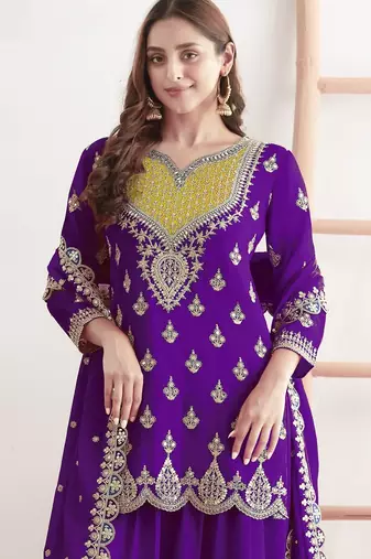 Purple embroidered chinon palazzo style salwar suit